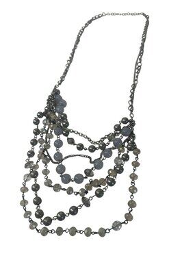 Layered Beaded Chain Necklace Gray & Clear Beads Statement Jewelry Career